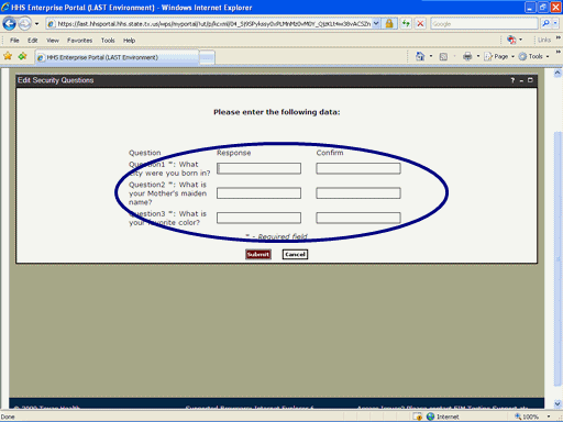 Screen shot of Security Question Response Page